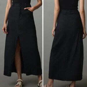 Pilcro x Anthropologie The Madi Front Slit Midi Linen Blend Skirt Black Sz 12
